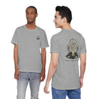 DailyThreadCo. grey 100% cotton t-shirt with skeleton hand graphic on back and small chest emblem.