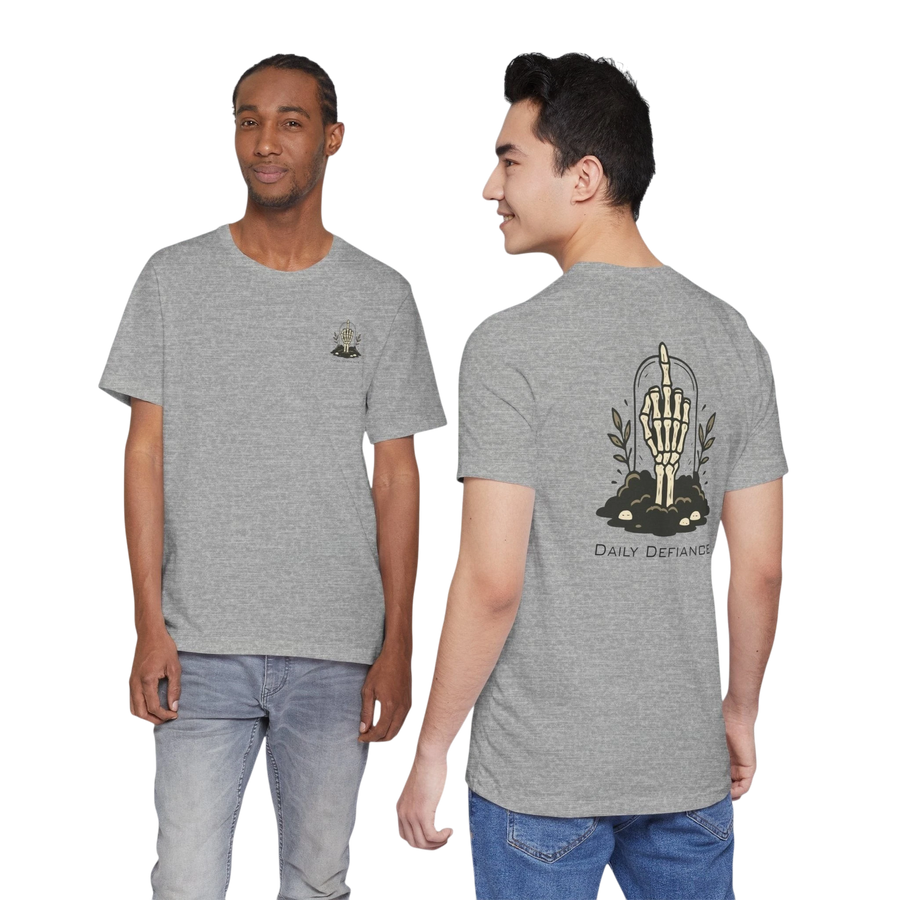 DailyThreadCo. grey 100% cotton t-shirt with skeleton hand graphic on back and small chest emblem.