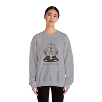 DailyThreadCo. grey crewneck sweatshirt with a skeleton hand graphic giving the middle finger, surrounded by foliage and the words 