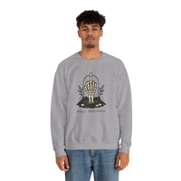 DailyThreadCo. grey crewneck sweatshirt with a skeleton hand graphic giving the middle finger, surrounded by foliage and the words 