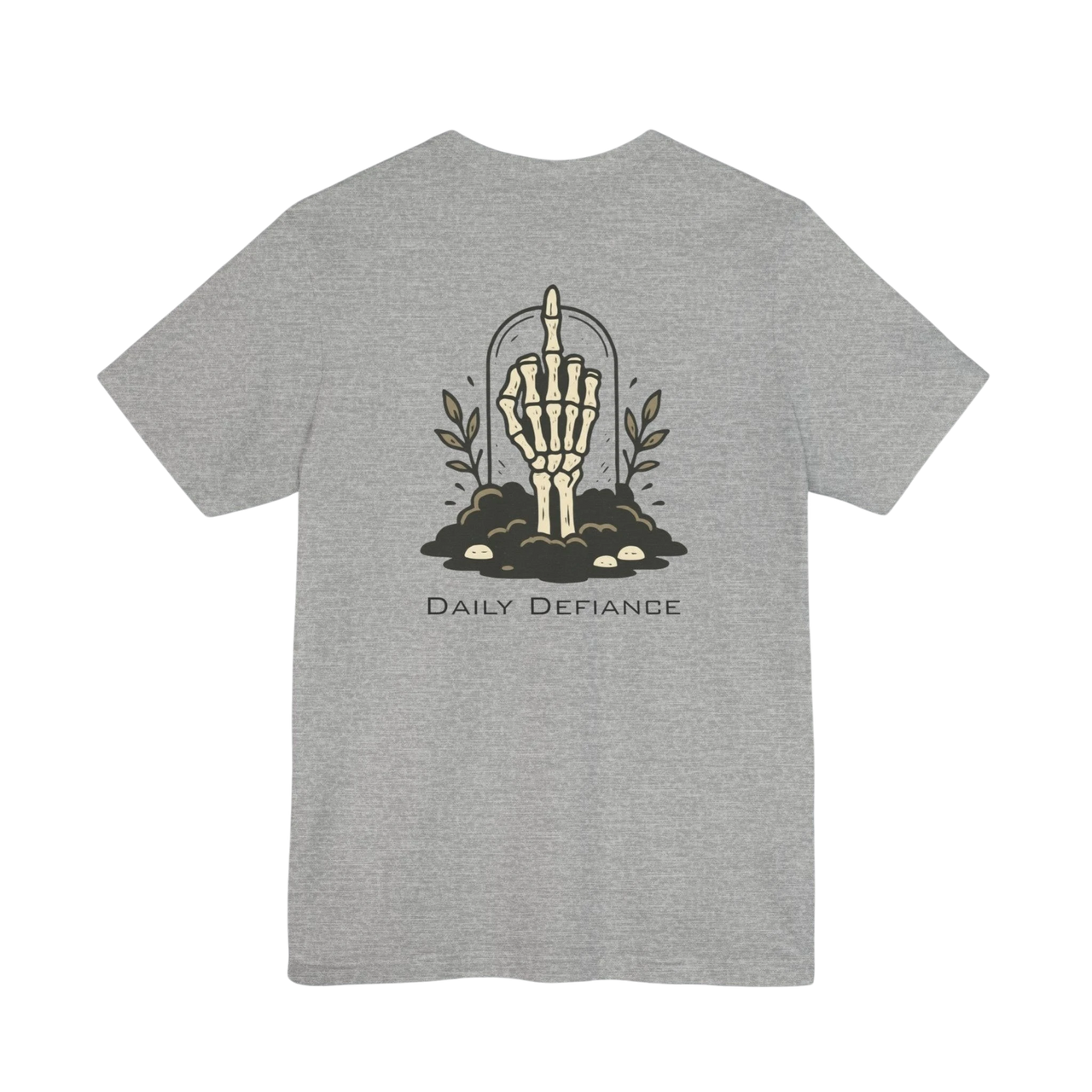 DailyThreadCo. grey 100% cotton t-shirt with a graphic of a skeleton hand rising from the ground with leaves, and the text Daily Defiance.