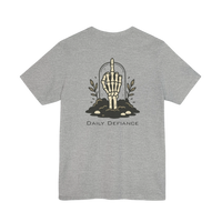DailyThreadCo. grey 100% cotton t-shirt with a graphic of a skeleton hand rising from the ground with leaves, and the text Daily Defiance.