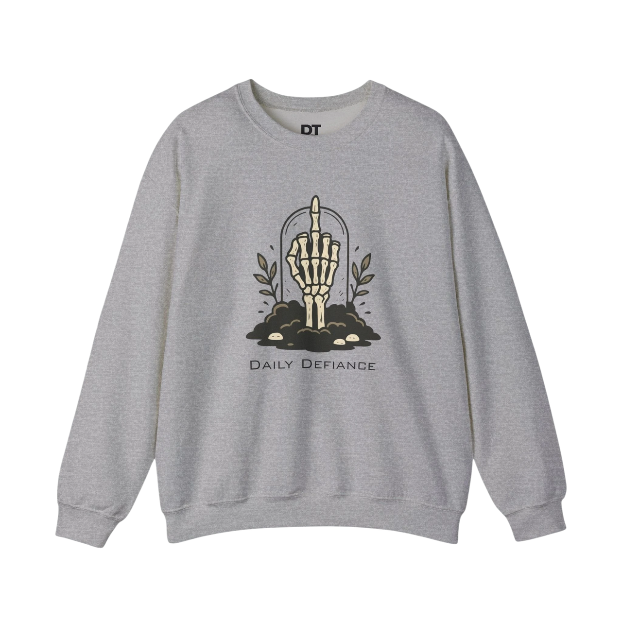 DailyThreadCo. light grey crewneck sweatshirt with a skeleton hand graphic giving the middle finger, surrounded by earth and foliage, with "Daily Defiance" text.