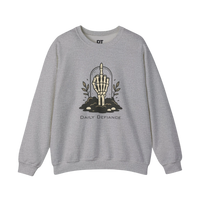 DailyThreadCo. light grey crewneck sweatshirt with a skeleton hand graphic giving the middle finger, surrounded by earth and foliage, with 