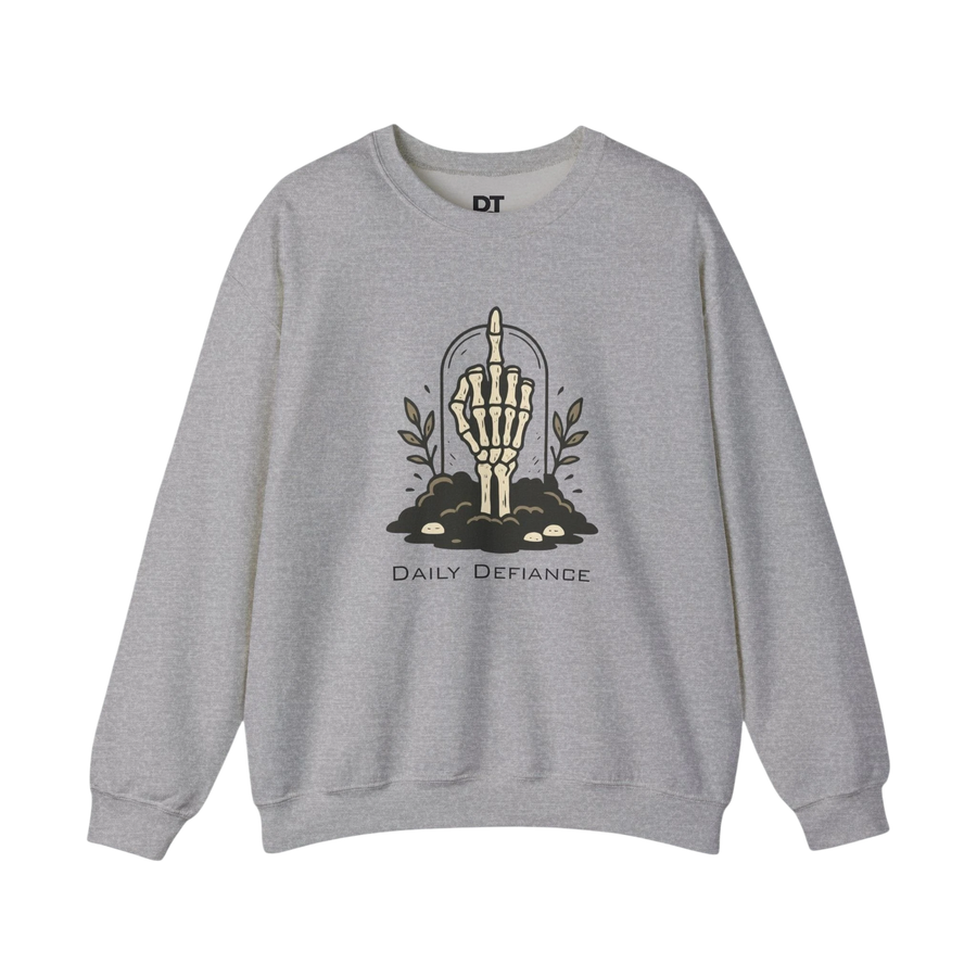 DailyThreadCo. light grey crewneck sweatshirt with a skeleton hand graphic giving the middle finger, surrounded by earth and foliage, with "Daily Defiance" text.