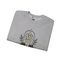 DailyThreadCo. light grey crewneck sweatshirt with a skeleton hand graphic giving the middle finger inside a glass dome with foliage.
