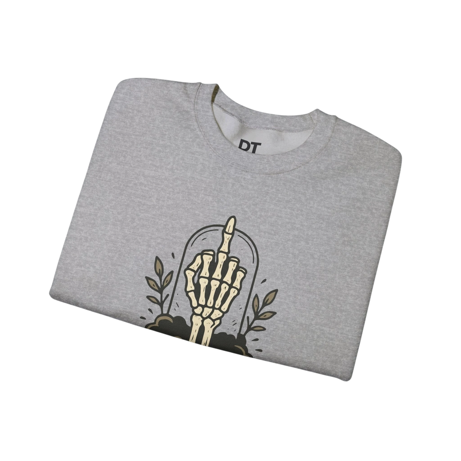 DailyThreadCo. light grey crewneck sweatshirt with a skeleton hand graphic giving the middle finger inside a glass dome with foliage.