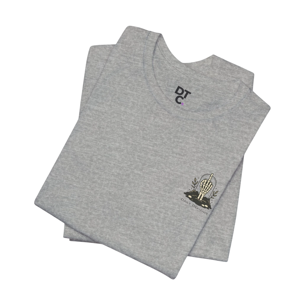 DailyThreadCo. grey 100% cotton t-shirt with a small chest graphic of a skeleton hand and "Daily Defiance" text.