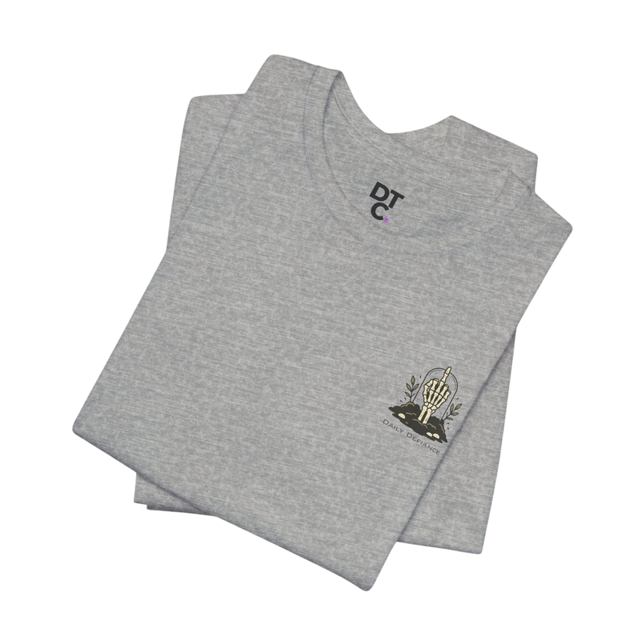 DailyThreadCo. grey 100% cotton t-shirt with a small chest graphic of a skeleton hand and "Daily Defiance" text.