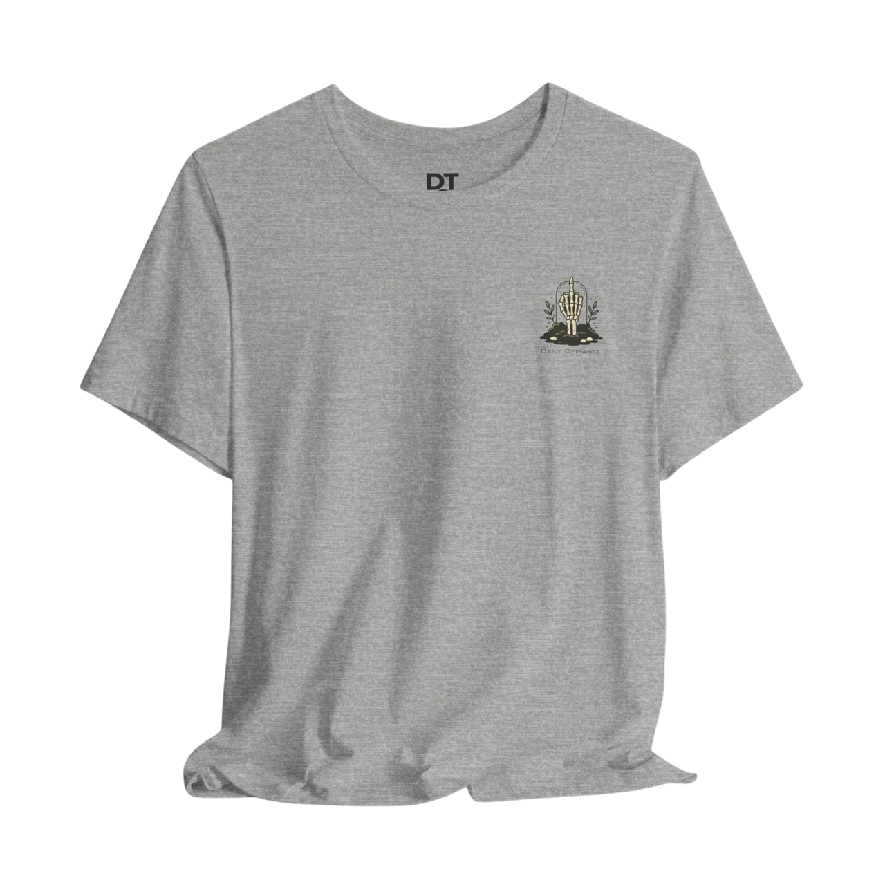 DailyThreadCo. grey 100% cotton t-shirt with a small skeleton hand graphic on the chest.