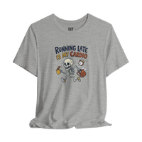 DailyThreadCo. grey cotton t-shirt with a cartoon skeleton running late, holding coffee and a backpack. Slogan reads 
