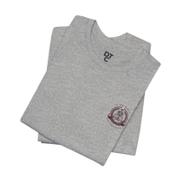 DailyThreadCo. grey 100% cotton crew neck t-shirt with a skeleton weightlifter graphic on the back and a small logo on the chest.
