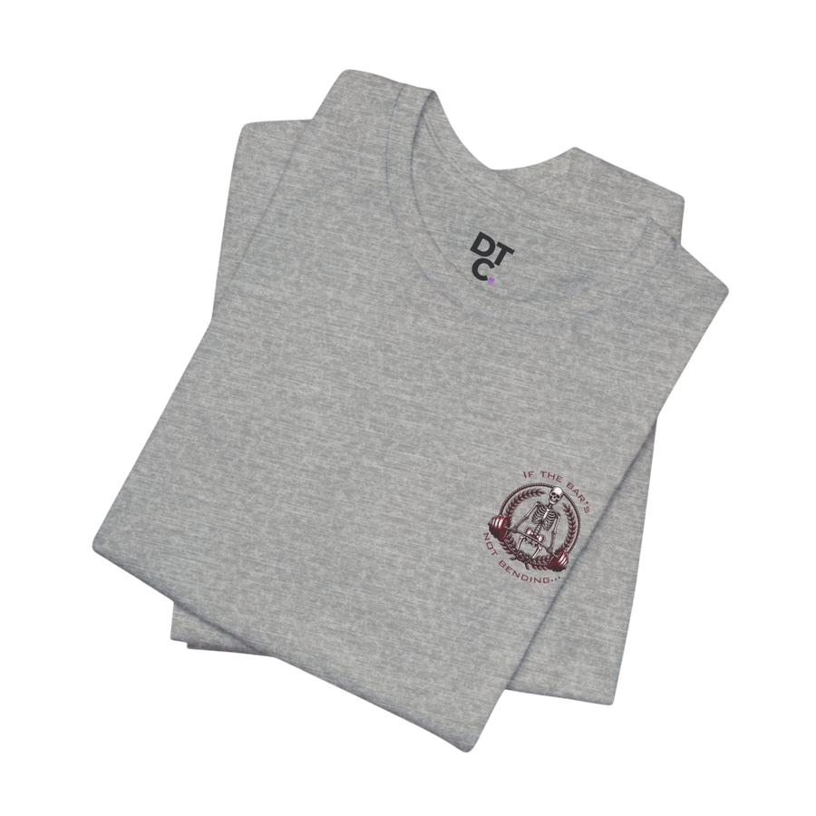 DailyThreadCo. grey 100% cotton crew neck t-shirt with a skeleton weightlifter graphic on the back and a small logo on the chest.