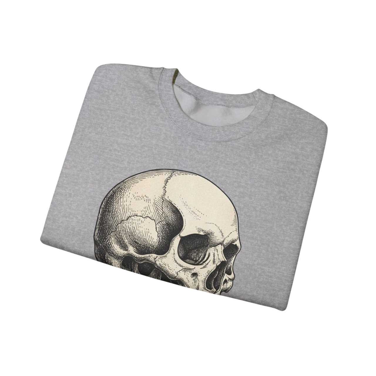 DailyThreadCo. grey crewneck sweatshirt with a detailed anatomical skull graphic and purple crystal accents.
