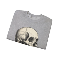 DailyThreadCo. grey crewneck sweatshirt with a detailed anatomical skull graphic and purple crystal accents.