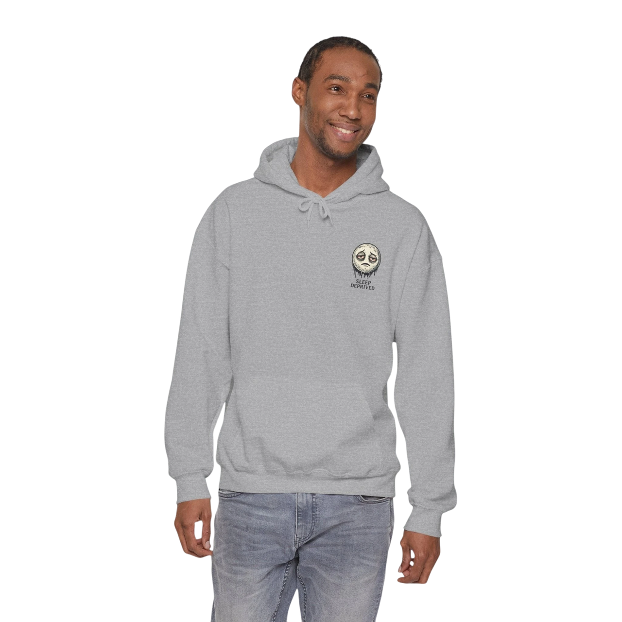DailyThreadCo. grey 50/50 cotton-poly fleece hoodie with a dripping moon graphic and "SLEEP DEPRIVED" text on the chest.