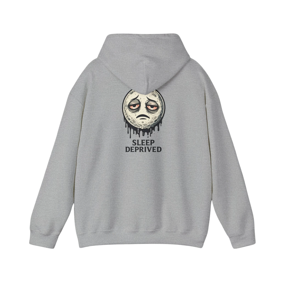 DailyThreadCo. grey cotton-poly blend hoodie with a dripping moon graphic and "SLEEP DEPRIVED" text on the back.