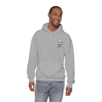 DailyThreadCo. grey 50/50 cotton-poly fleece hoodie with a dripping moon graphic and 