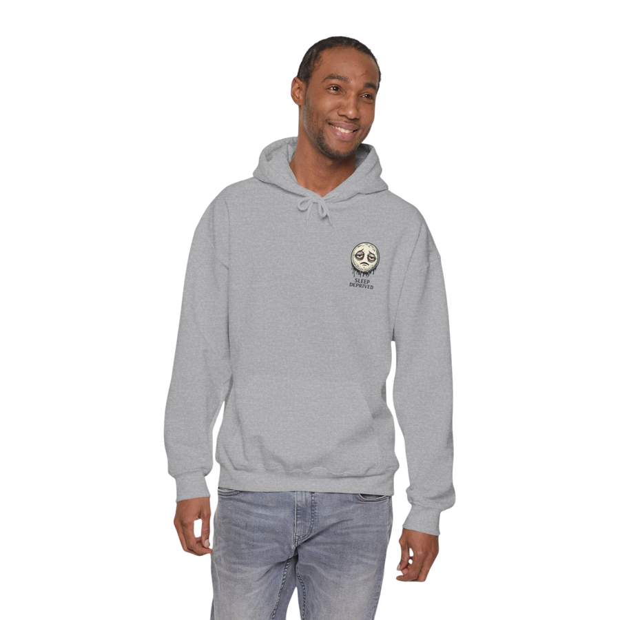 DailyThreadCo. grey 50/50 cotton-poly fleece hoodie with a dripping moon graphic and "SLEEP DEPRIVED" text on the chest.