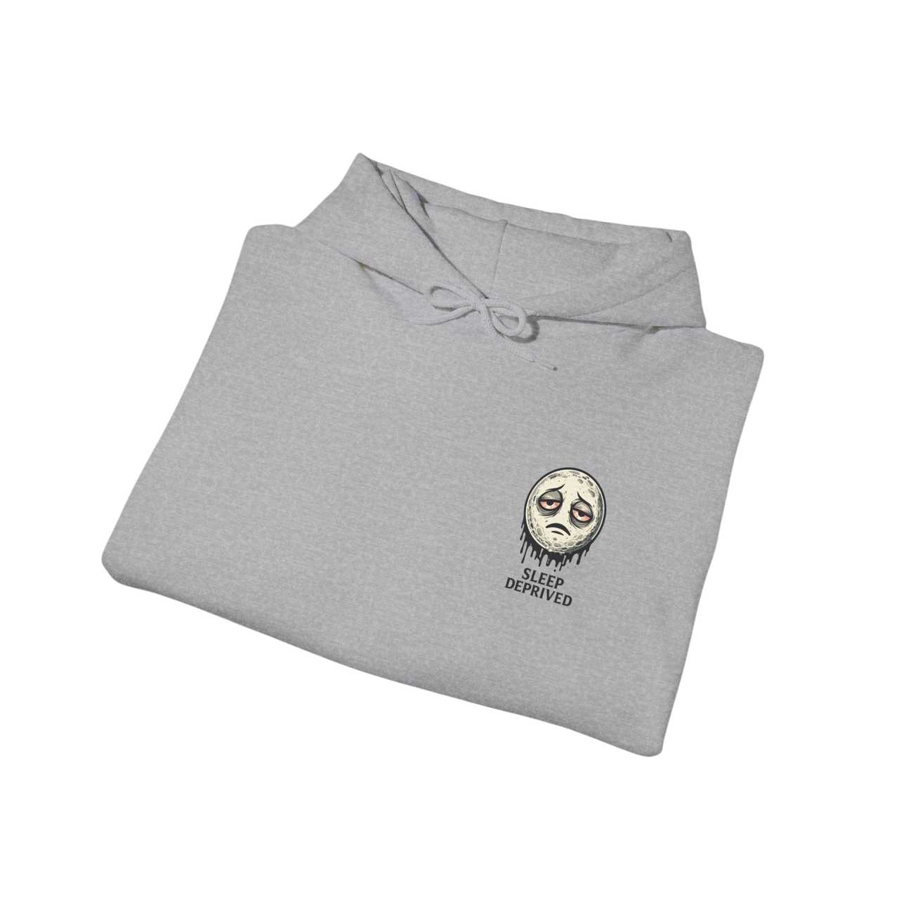 DailyThreadCo. light grey cotton-poly blend hoodie with a dripping moon graphic and "SLEEP DEPRIVED" text on the chest.
