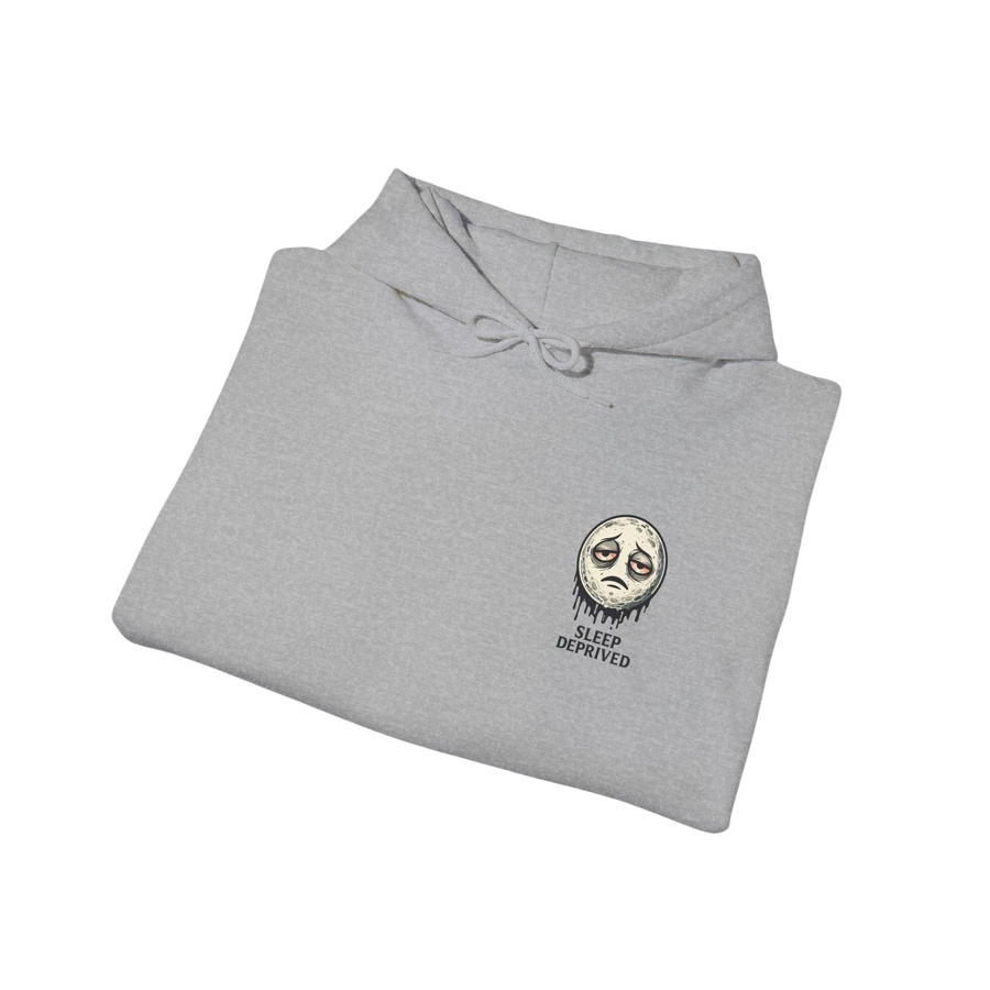 DailyThreadCo. light grey cotton-poly blend hoodie with a dripping moon graphic and "SLEEP DEPRIVED" text on the chest.