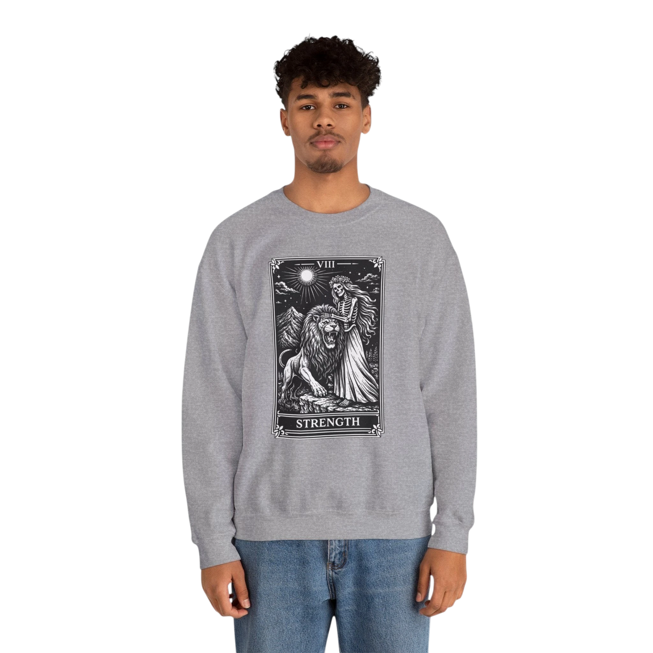 DailyThreadCo. grey crewneck sweatshirt with a black tarot strength card graphic featuring a woman and a lion.