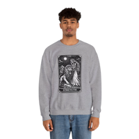 DailyThreadCo. grey crewneck sweatshirt with a black tarot strength card graphic featuring a woman and a lion.