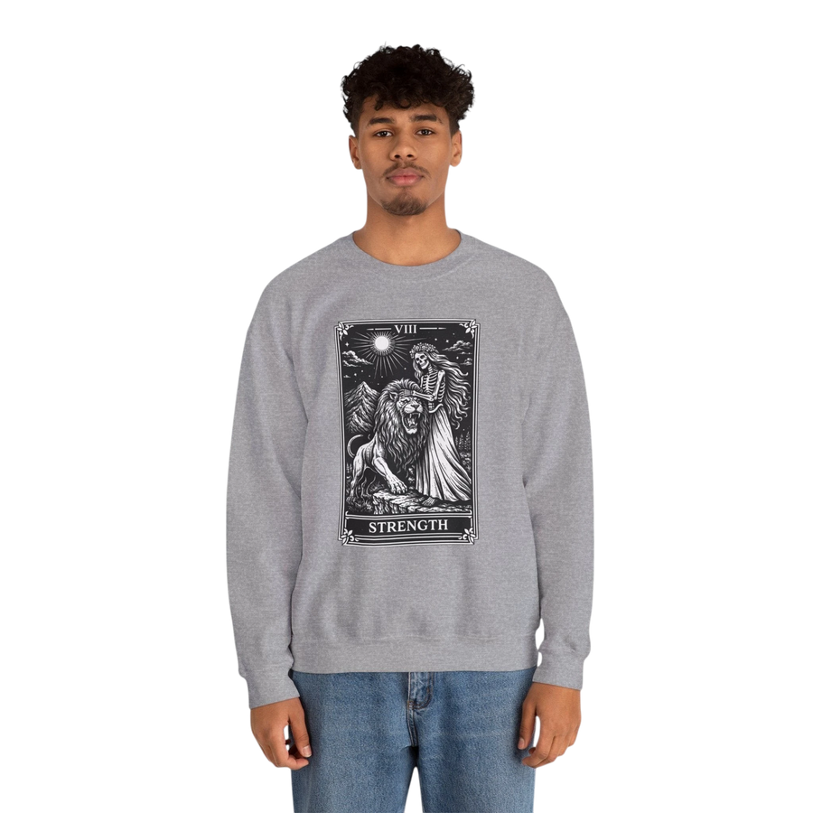 DailyThreadCo. grey crewneck sweatshirt with a black tarot strength card graphic featuring a woman and a lion.