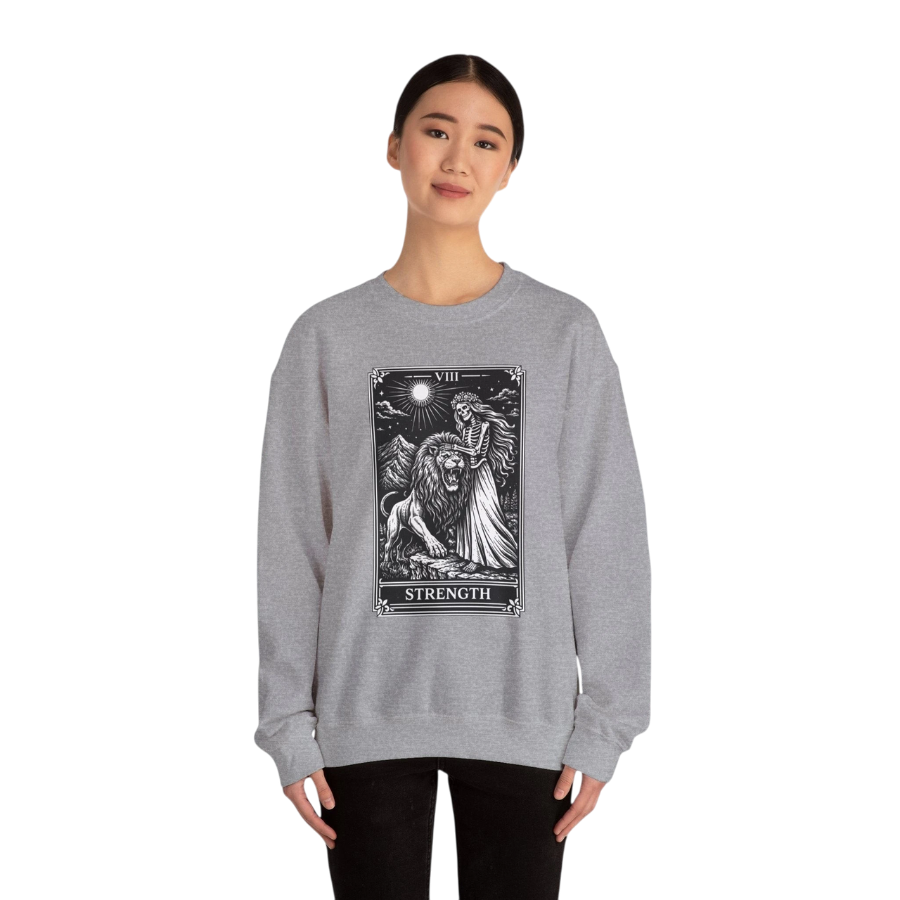 DailyThreadCo. grey crewneck sweatshirt with a black tarot strength card graphic featuring a woman and a lion.