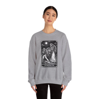 DailyThreadCo. grey crewneck sweatshirt with a black tarot strength card graphic featuring a woman and a lion.