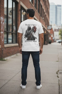 DailyThreadCo. white 100% cotton t-shirt with a graphic of the Grim Reaper holding a bloody anatomical heart and the text 