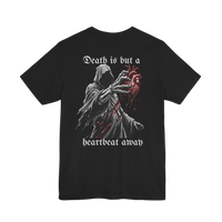 DailyThreadCo. black 100% cotton t-shirt with a graphic of the Grim Reaper holding a bloody anatomical heart and the text 