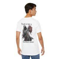 DailyThreadCo. white 100% cotton t-shirt with a graphic print of the Grim Reaper holding a bloody anatomical heart and the text 