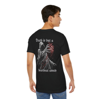 DailyThreadCo. black 100% cotton t-shirt with a graphic of the Grim Reaper holding a bloody anatomical heart and the text 
