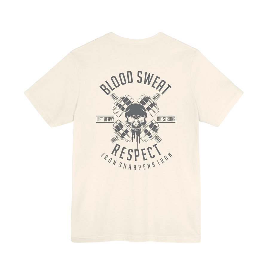 DailyThreadCo. cream cotton t-shirt with a graphic print of a skull between crossed barbells, reading "Blood Sweat Respect" and "Lift Heavy Die Strong".