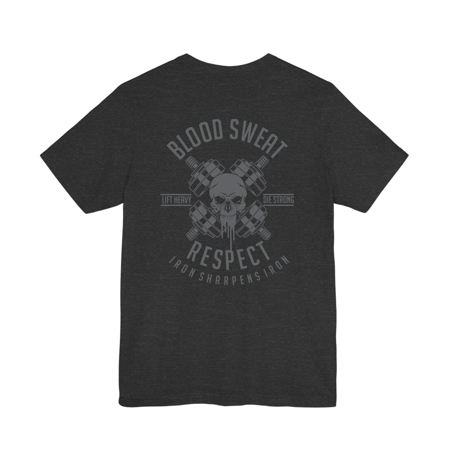 DailyThreadCo. dark grey 100% cotton t-shirt with a graphic print of crossed barbells and a skull, featuring text "Blood Sweat Respect" and "Iron Sharpens Iron".