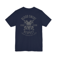 DailyThreadCo. navy blue 100% cotton t-shirt with a graphic print of crossed barbells, a skull, and the words 