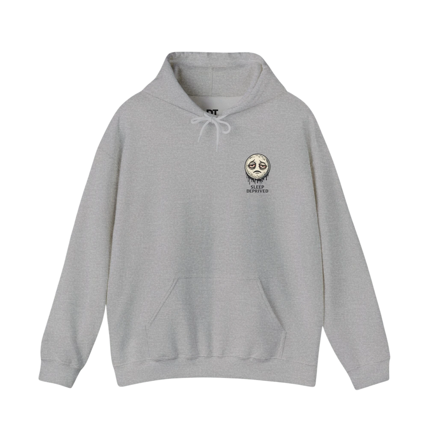 DailyThreadCo. light heather grey 50/50 cotton-poly fleece hoodie with a dripping moon graphic and "SLEEP DEPRIVED" text.