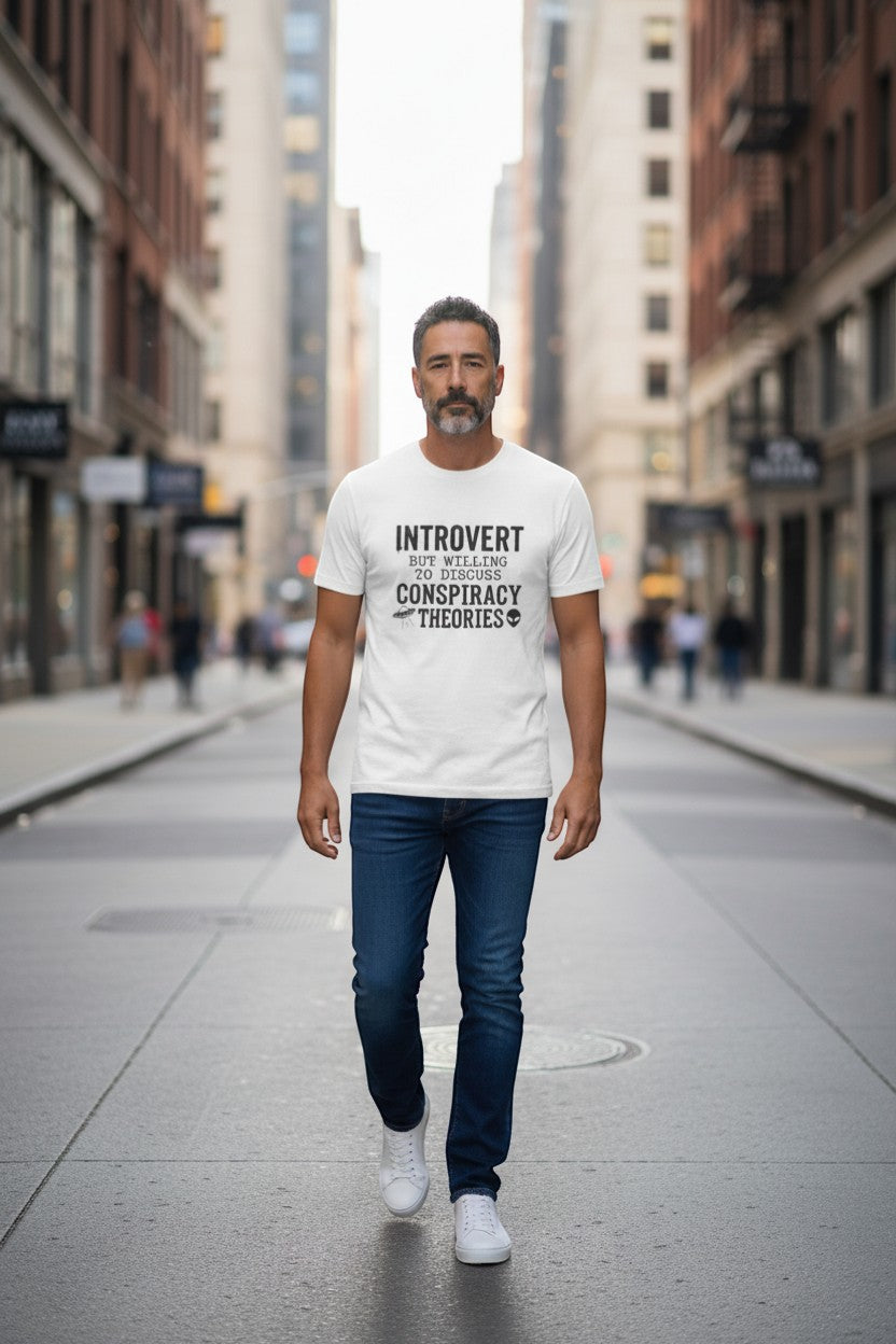 DailyThreadCo. white 100% cotton t-shirt with black text that reads "INTROVERT BUT WILLING TO DISCUSS CONSPIRACY THEORIES" and graphics of a UFO and an alien head.