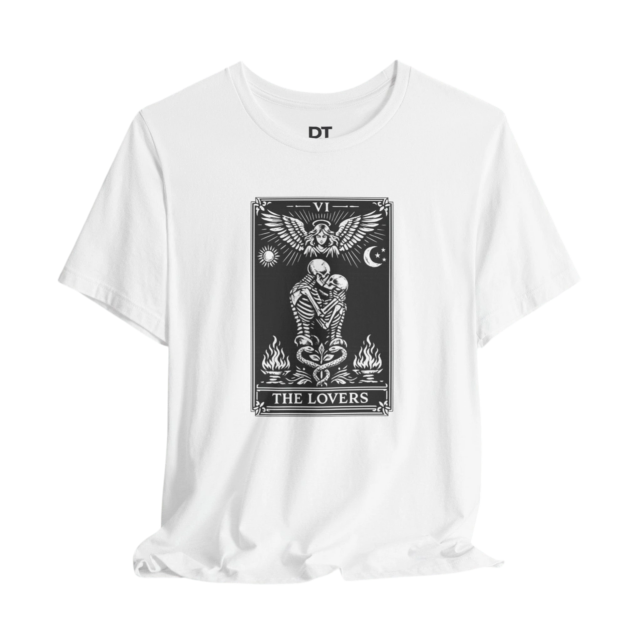 DailyThreadCo. white 100% cotton t-shirt with a black and white graphic of The Lovers tarot card, featuring skeleton figures, angelic wings, sun, moon, and flames.