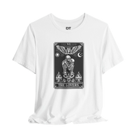 DailyThreadCo. white 100% cotton t-shirt with a black and white graphic of The Lovers tarot card, featuring skeleton figures, angelic wings, sun, moon, and flames.