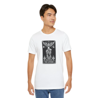 DailyThreadCo. white 100% cotton t-shirt with a black and white graphic of The Lovers tarot card, featuring skeleton figures, an angel, sun, and moon.