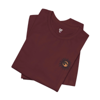 DailyThreadCo. maroon 100% cotton tee with a celestial sun and moon graphic on the chest. Relaxed fit, crew neck.
