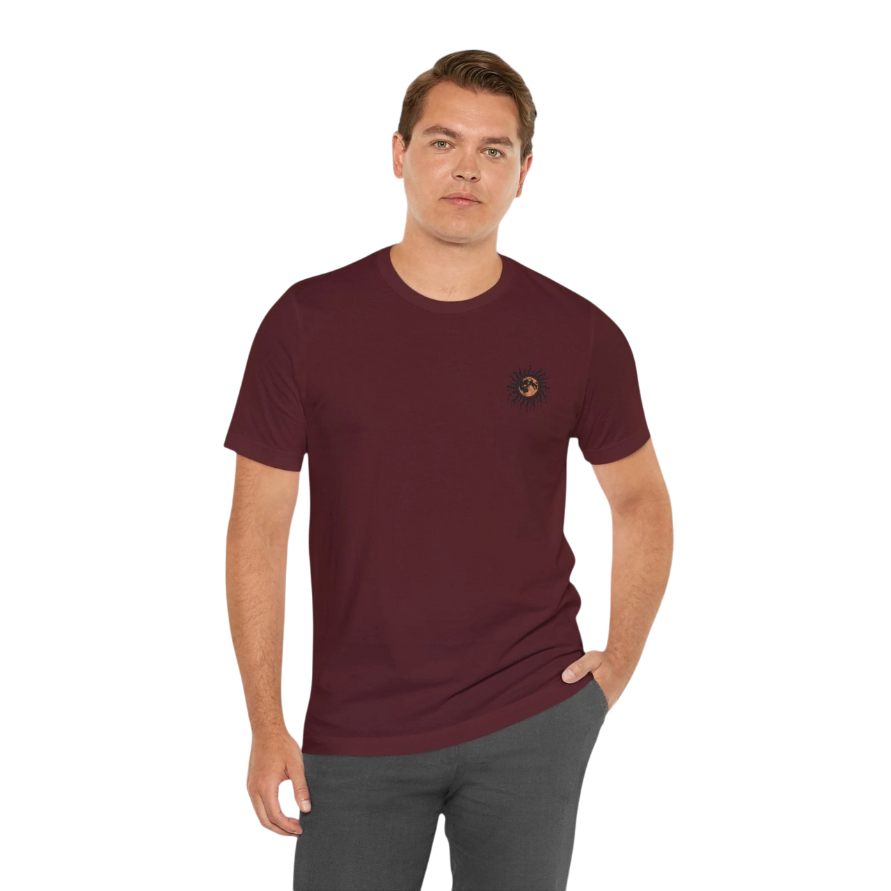 DailyThreadCo. maroon 100% cotton tee with a small celestial sun and moon graphic on the left chest.