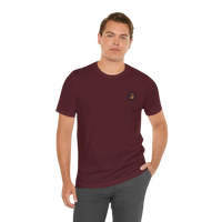 DailyThreadCo. maroon 100% cotton tee with a small celestial sun and moon graphic on the left chest.