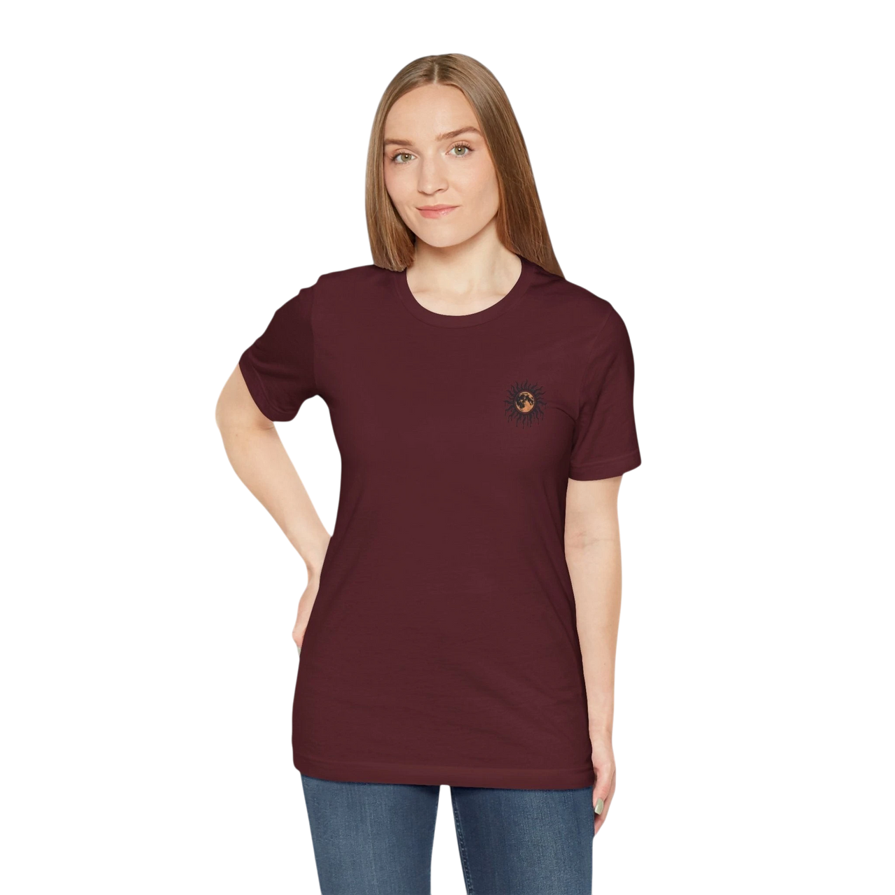 DailyThreadCo. maroon 100% cotton crew neck t-shirt with a small celestial sun and moon graphic on the left chest.