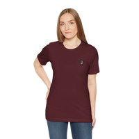 DailyThreadCo. maroon 100% cotton crew neck t-shirt with a small celestial sun and moon graphic on the left chest.