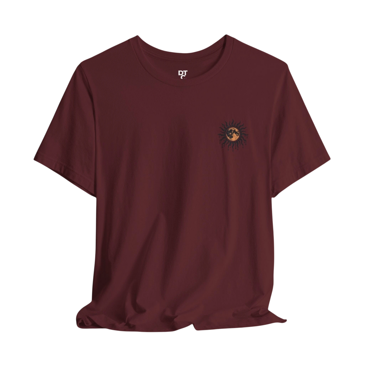 DailyThreadCo. maroon 100% cotton tee with a retro celestial sun and moon graphic on the back and a smaller emblem on the chest.
