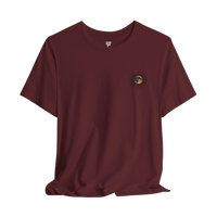 DailyThreadCo. maroon 100% cotton tee with a retro celestial sun and moon graphic on the back and a smaller emblem on the chest.