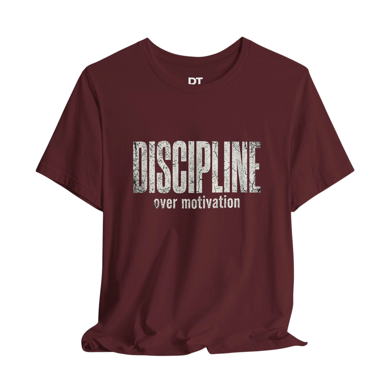 DailyThreadCo. maroon 100% cotton t-shirt with distressed "DISCIPLINE over motivation" graphic print.